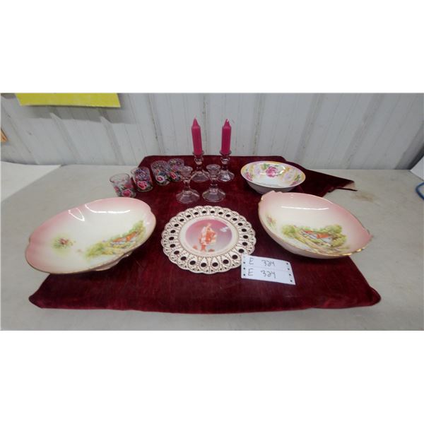 Vintage Porcelain and Glassware Collection with Pastoral Bowls, Goblets, Tumblers and More