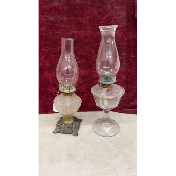 Two Antique Victorian Oil Lamps with Frosted Font, Cast Metal Base, and Clear Glass Goblet Base