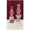 Image 1 : Two Antique Victorian Oil Lamps with Frosted Font, Cast Metal Base, and Clear Glass Goblet Base