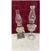 Image 2 : Two Antique Victorian Oil Lamps with Frosted Font, Cast Metal Base, and Clear Glass Goblet Base