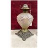 Image 5 : Two Antique Victorian Oil Lamps with Frosted Font, Cast Metal Base, and Clear Glass Goblet Base