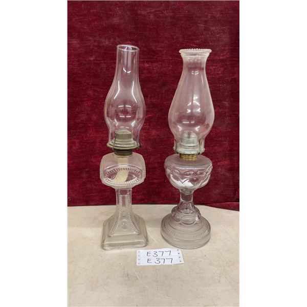 Pair of Antique Clear Pressed Glass Kerosene Oil Lamps, 1 Peanut Glass, with Chimneys and Burners