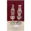 Image 1 : Pair of Antique Clear Pressed Glass Kerosene Oil Lamps, 1 Peanut Glass, with Chimneys and Burners