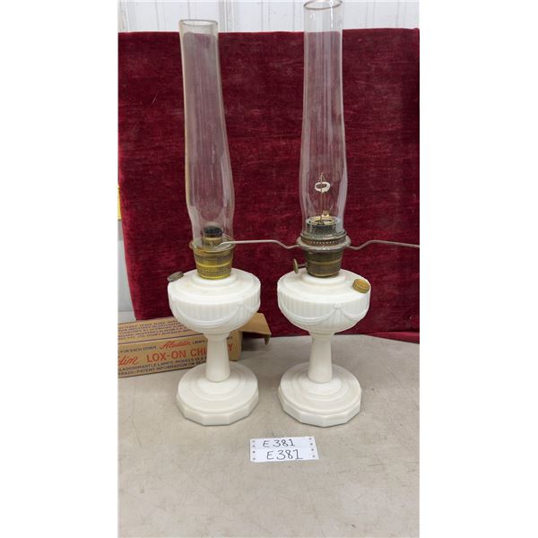 Pair of Antique Aladdin Lincoln Drape Kerosene Lamps, White Milk Glass, Lox-On Chimney
