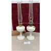 Image 1 : Pair of Antique Aladdin Lincoln Drape Kerosene Lamps, White Milk Glass, Lox-On Chimney