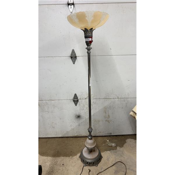 Vintage Art Deco Torchiere Floor Lamp with Frosted Glass Shade and Marble Accents, Missing Male End
