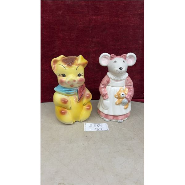 Two Vintage Ceramic Figural Cookie Jars, Yellow Pig and Mouse