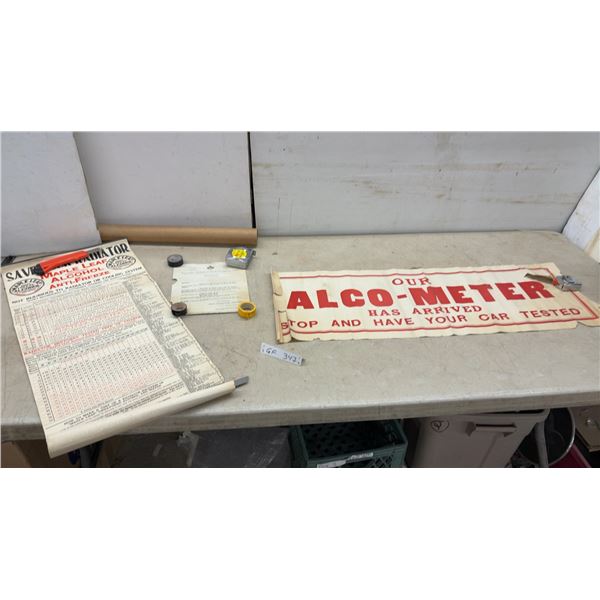 Vintage Maple Leaf Anti-Freeze Chart, 32 x 14", Alco-Meter Banner 12 x 36" and Letter