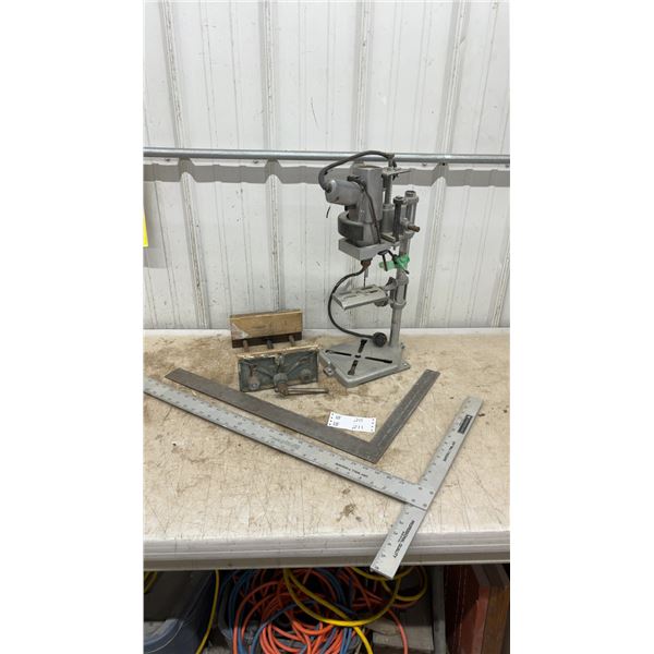 Drill Press, FAB Woodworking Vise, & (2) Dry Wall T-Squares