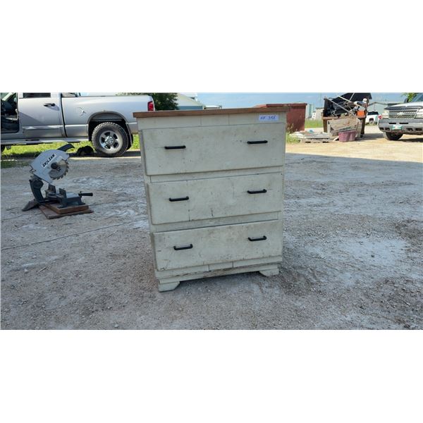 Vintage Painted Wooden Three-Drawer Dresser with Rustic Plank Top and Black Pull Handles