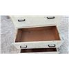 Image 6 : Vintage Painted Wooden Three-Drawer Dresser with Rustic Plank Top and Black Pull Handles