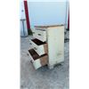 Image 7 : Vintage Painted Wooden Three-Drawer Dresser with Rustic Plank Top and Black Pull Handles