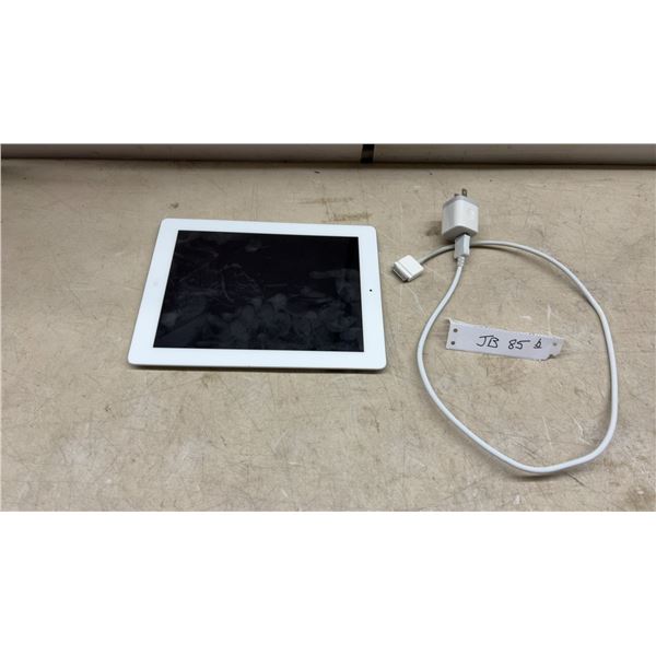 Apple iPad 2 16 GB Tablet, Model A1395, White, with 30-Pin Charging Cable and Wall Adapter.