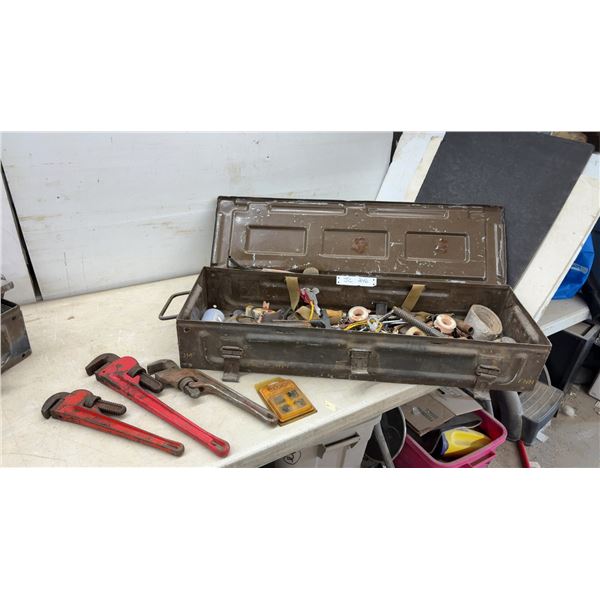 Vintage FNH Military Metal Storage Trunk, 6 x 33 x 10" with Pipe Wrenches, Ridgid Dies, Hardware