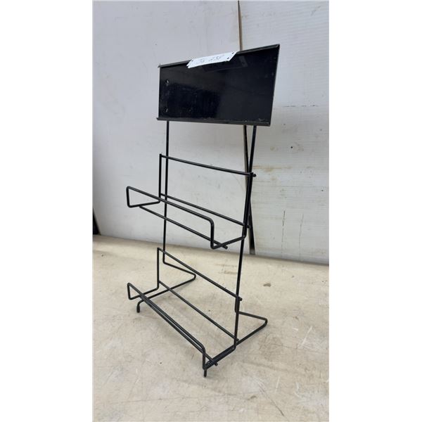 Black Metal Two-Tier Magazine and Brochure Display Stand With Sign Holder, 9 3/4 x 19"