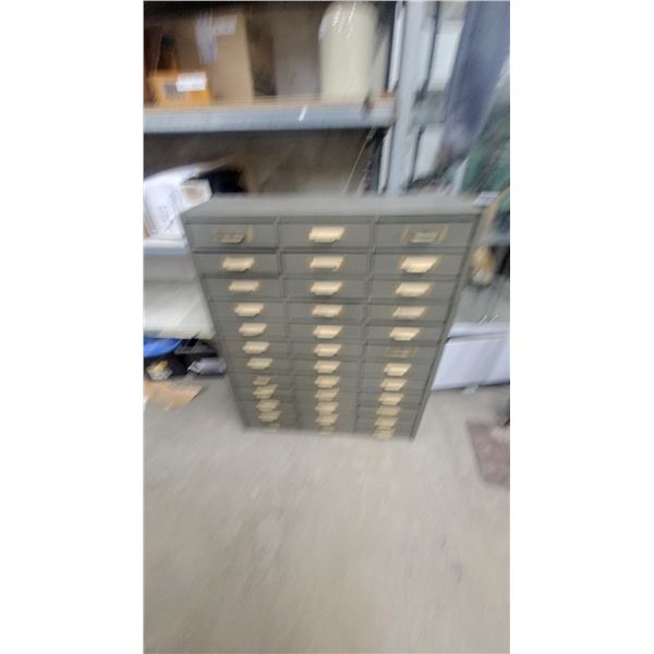 Vintage 36x Multi-Drawer Metal Parts /Index Cabinet with Brass Label Holders Metal Drawers Wood
