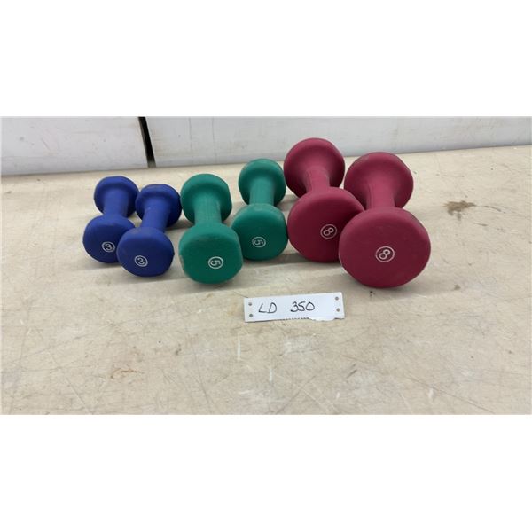 Set of Six Neoprene-Coated Dumbbells, Pair of 3 Pound, Pair of 5 Pound, and Pair of 8 Pound
