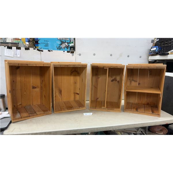 Set of Four Handmade Well Built Pine Wooden Storage Crates with Varied Interior Configurations