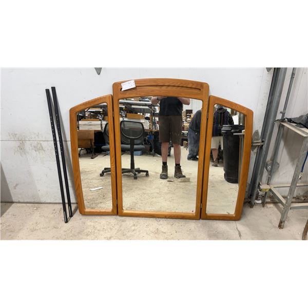 Three-Panel Wood-Framed Mirror & Two Black Metal Support Rails 55 x 45