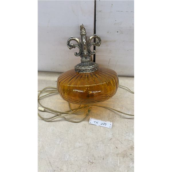 Vintage 1960s-70s Amber Ribbed Glass Swag Lamp With Ornate Scrollwork Metal Hardware