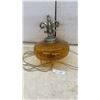 Image 1 : Vintage 1960s-70s Amber Ribbed Glass Swag Lamp With Ornate Scrollwork Metal Hardware