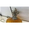 Image 2 : Vintage 1960s-70s Amber Ribbed Glass Swag Lamp With Ornate Scrollwork Metal Hardware