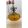 Image 4 : Vintage 1960s-70s Amber Ribbed Glass Swag Lamp With Ornate Scrollwork Metal Hardware