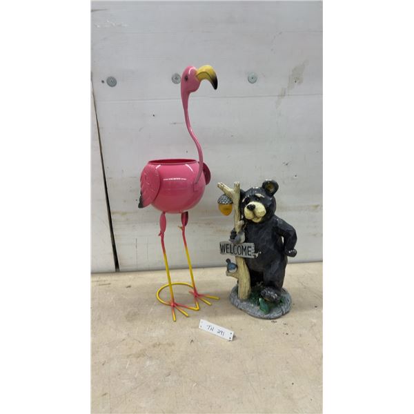 Pink Metal Flamingo Garden Planter, 28" Tall and Polyresin Black Bear "Welcome" Statue