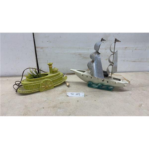 Vintage Mid-Century Ceramic Paddleboat Planter Lamp and Sailboat Lamp With Metal Sails