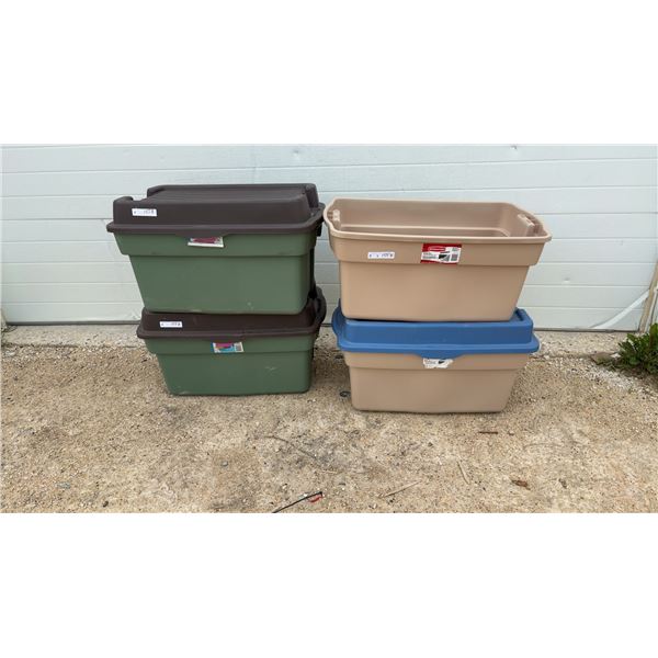 Rubbermaid Roughneck Storage Boxes: (2) Tan 32 x 20.2 x 17.5" & (2) Green Storage Boxes