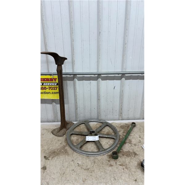 Vintage Cast Iron Cobbler's Anvil & Stand, Cast Wheel, & Green Metal Bar