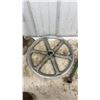 Image 5 : Vintage Cast Iron Cobbler's Anvil & Stand, Cast Wheel, & Green Metal Bar