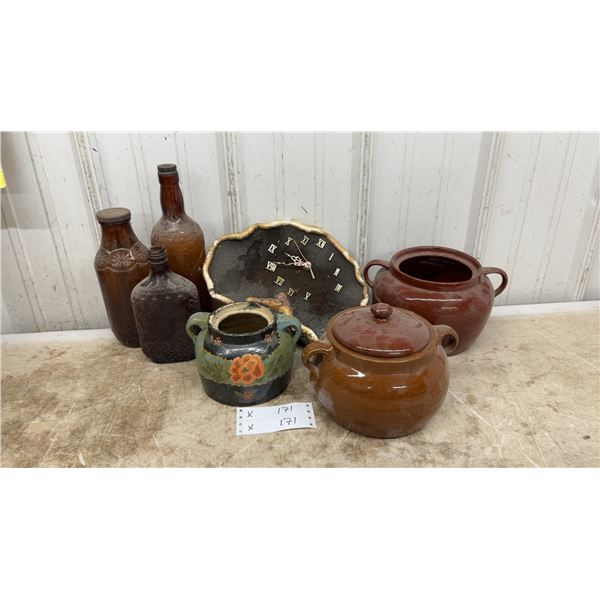 Bean Pots & Glass Bottles, & Mushroom Wall Clock