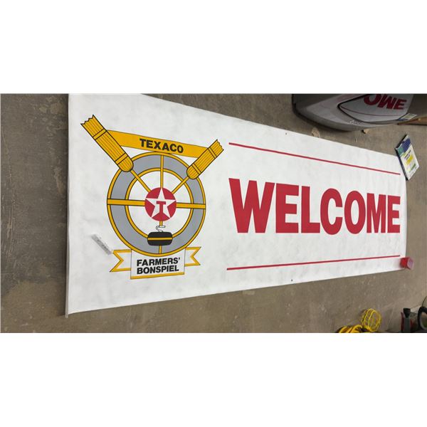 Texaco Farmers' Bonspiel Curling Event Welcome Banner with Logo and Curling Imagery, 3' x 9'