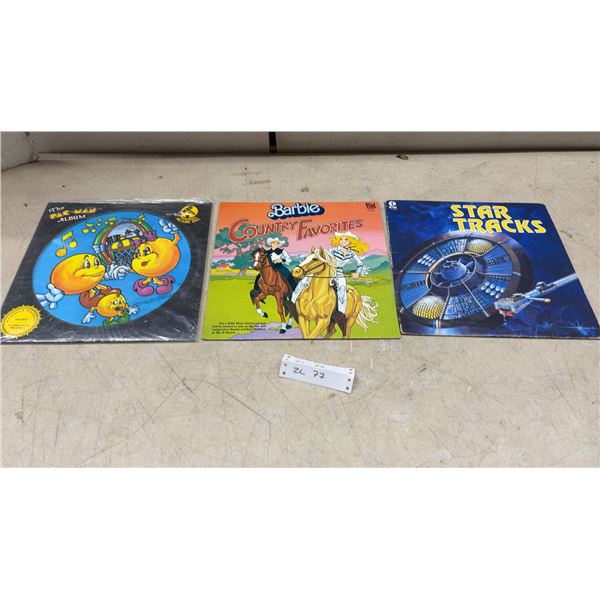 Vintage Vinyl LPs Including Pac-Man Album, Barbie Country Favorites, and Star Tracks