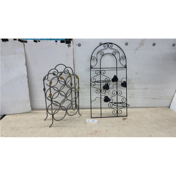Gray Metal 6-Bottle Wine Rack With Gold Leaf Accents and Black Wrought Iron Wall Trellis, 30 x 15"