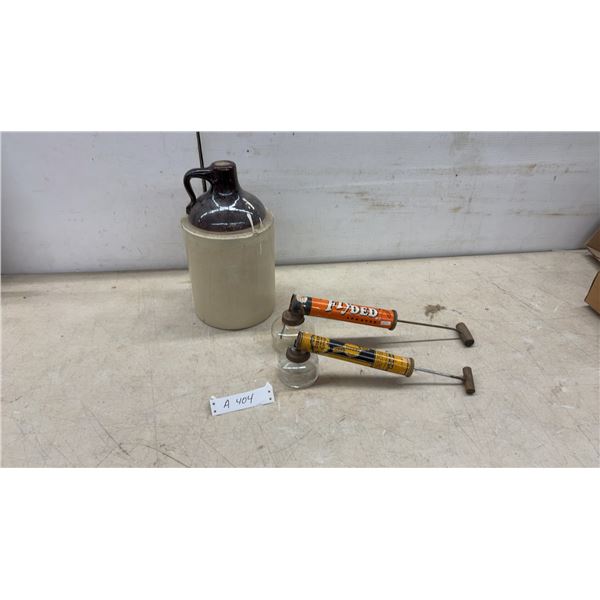 Vintage Stoneware Finger Jug and Two Handheld Insecticide Sprayers with Glass Bottles Including Fly