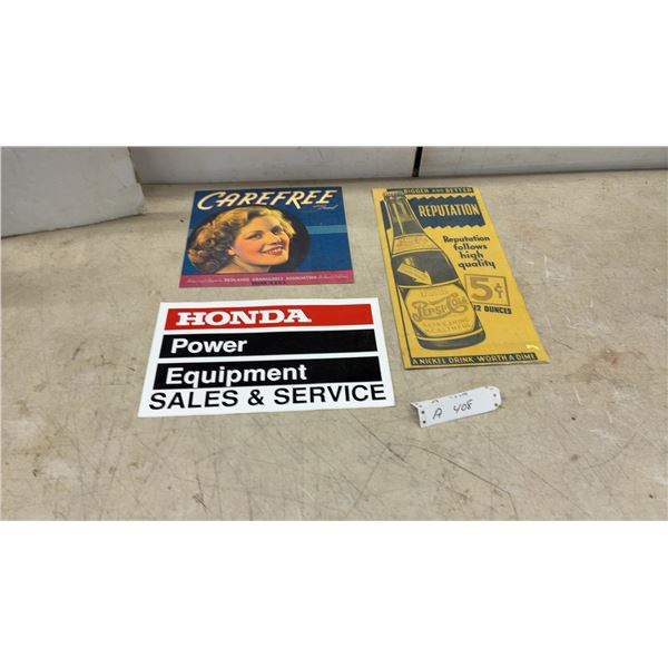 Vintage Carefree Brand, Pepsi-Cola Advertisements and Honda Power Equipment Sales Decal
