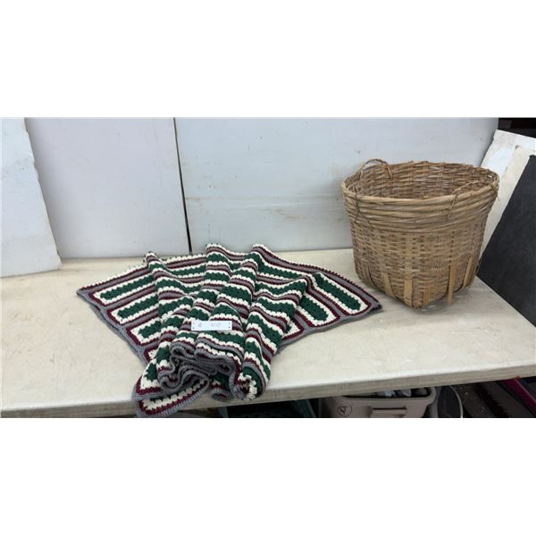 Handmade Woven Wicker Basket and Crocheted Striped Blanket in Green, White, Maroon and Grey