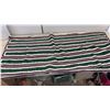 Image 3 : Handmade Woven Wicker Basket and Crocheted Striped Blanket in Green, White, Maroon and Grey