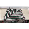 Image 4 : Handmade Woven Wicker Basket and Crocheted Striped Blanket in Green, White, Maroon and Grey
