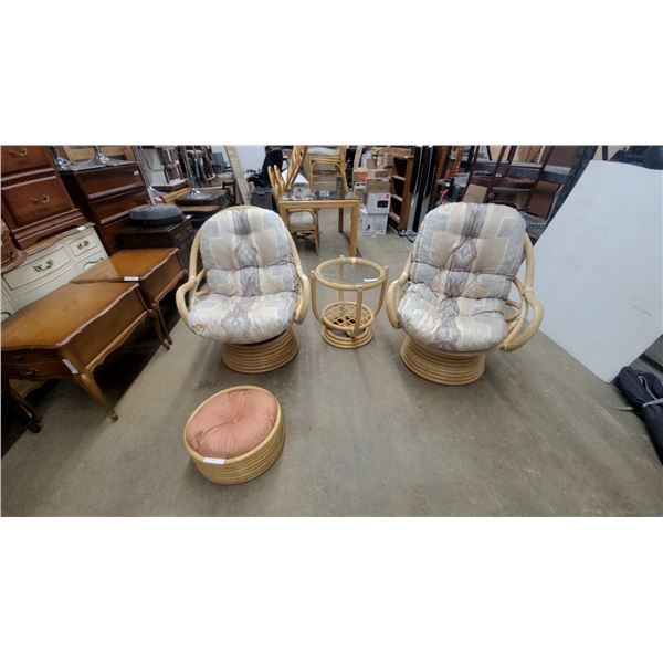 Vintage Rattan Living Room Set with 2 Swivel Rocking Armchairs, Glass-Top Table, and More