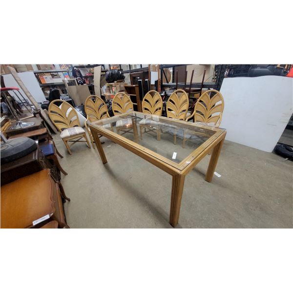 Vintage Rattan and Glass Dining Table With Six Fan-Back Chairs, Tropical Style, Circa 1970s-1980s