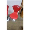 Image 2 : Pair of Modern Adjustable Bar Stools with Red Upholstered Contoured Seats and Chrome Pedestal Bases