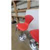 Image 5 : Pair of Modern Adjustable Bar Stools with Red Upholstered Contoured Seats and Chrome Pedestal Bases