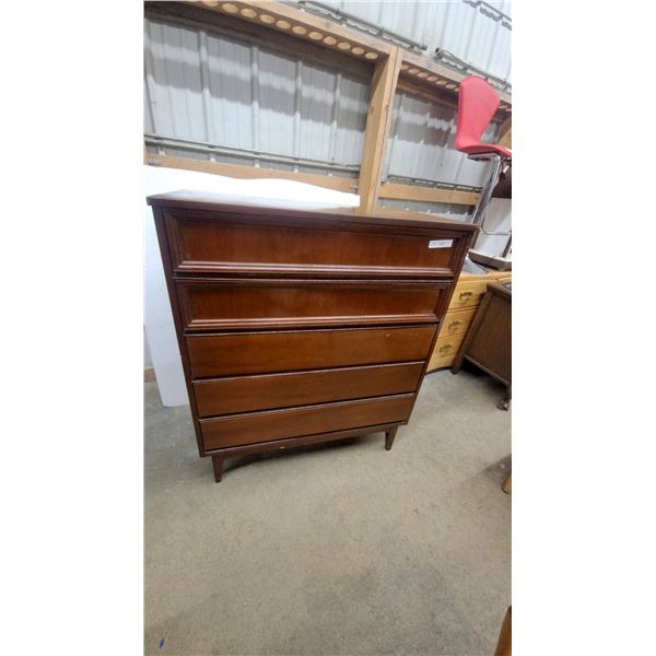 Mid-Century Modern Wooden Tallboy Dresser With Five Drawers and Tapered Legs 44.6 x 18 x 38" Walnut