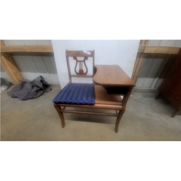 Vintage Lyre-Back Gossip Bench with Blue Striped Upholstered Seat and Side Table