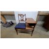 Image 1 : Vintage Lyre-Back Gossip Bench with Blue Striped Upholstered Seat and Side Table
