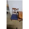Image 2 : Vintage Lyre-Back Gossip Bench with Blue Striped Upholstered Seat and Side Table