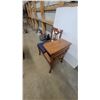 Image 3 : Vintage Lyre-Back Gossip Bench with Blue Striped Upholstered Seat and Side Table